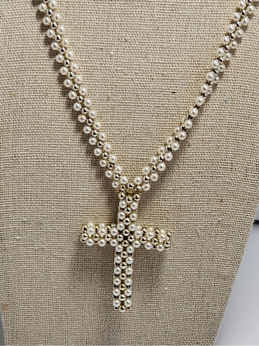 Vintage Faux Pearls Goldtone Cross Pendant Necklace White & Goldtone Woven Beads